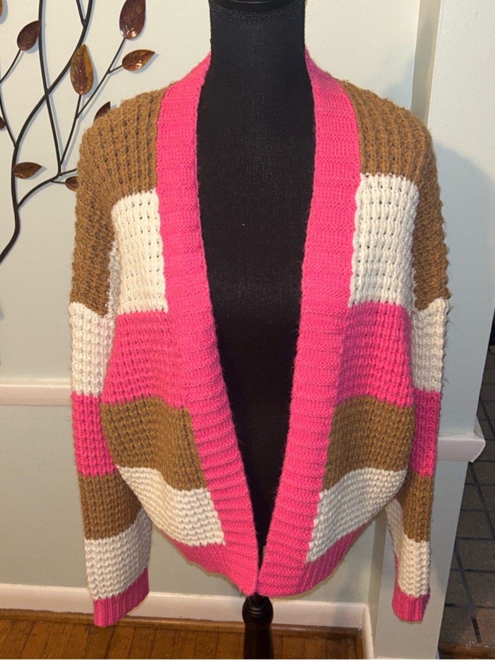 Open-Front Colorblock Cardigan in Pink, Brown & Cream